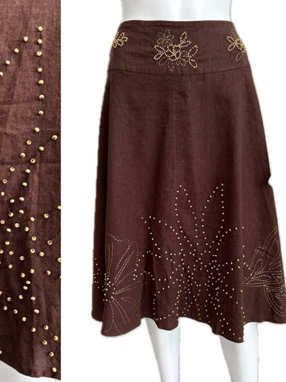Richard Malcolm Floral Embroidered Beaded Midi Skirt Size 10 Brown Linen Blend